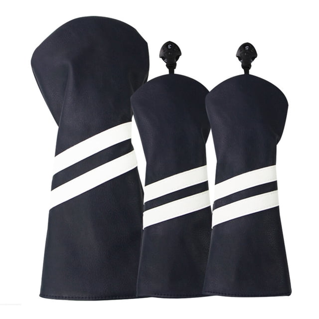 facefd Ensemble de 3 Pcs Couvre-Tête de Club de Golf en Cuir Résistant à l'Usure à Double Rayure avec Étiquette Plaque d'Immatriculation Rotative Réglable Protecteur en Bois Bleu Foncé