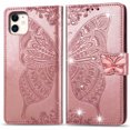 thumbnail image 1 of Wallet Case for iPhone 12 Mini 5.4', PU Leather Flip Protective Phone Case Wrist Strap Card Slots Holder Pocket Emboss Butterfly Flower Stand Case for iPhone Rose Gold, 1 of 9