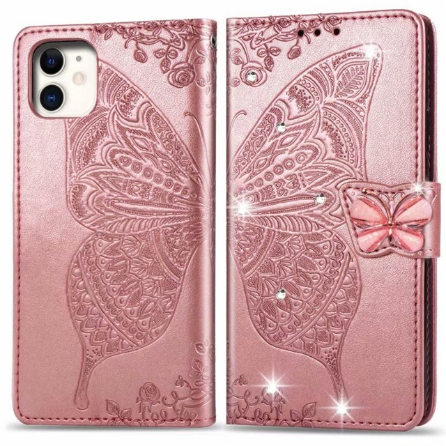 Wallet Case for iPhone 12 Mini 5.4', PU Leather Flip Protective Phone Case Wrist Strap Card Slots Holder Pocket Emboss Butterfly Flower Stand Case for iPhone Rose Gold