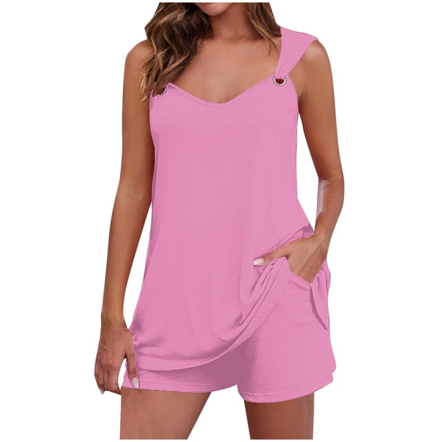 Yuyuzo Womens Lounge Sets Two Piece Square Neck Tank Tops Wide Leg Shorts with Pockets Matching Outfits