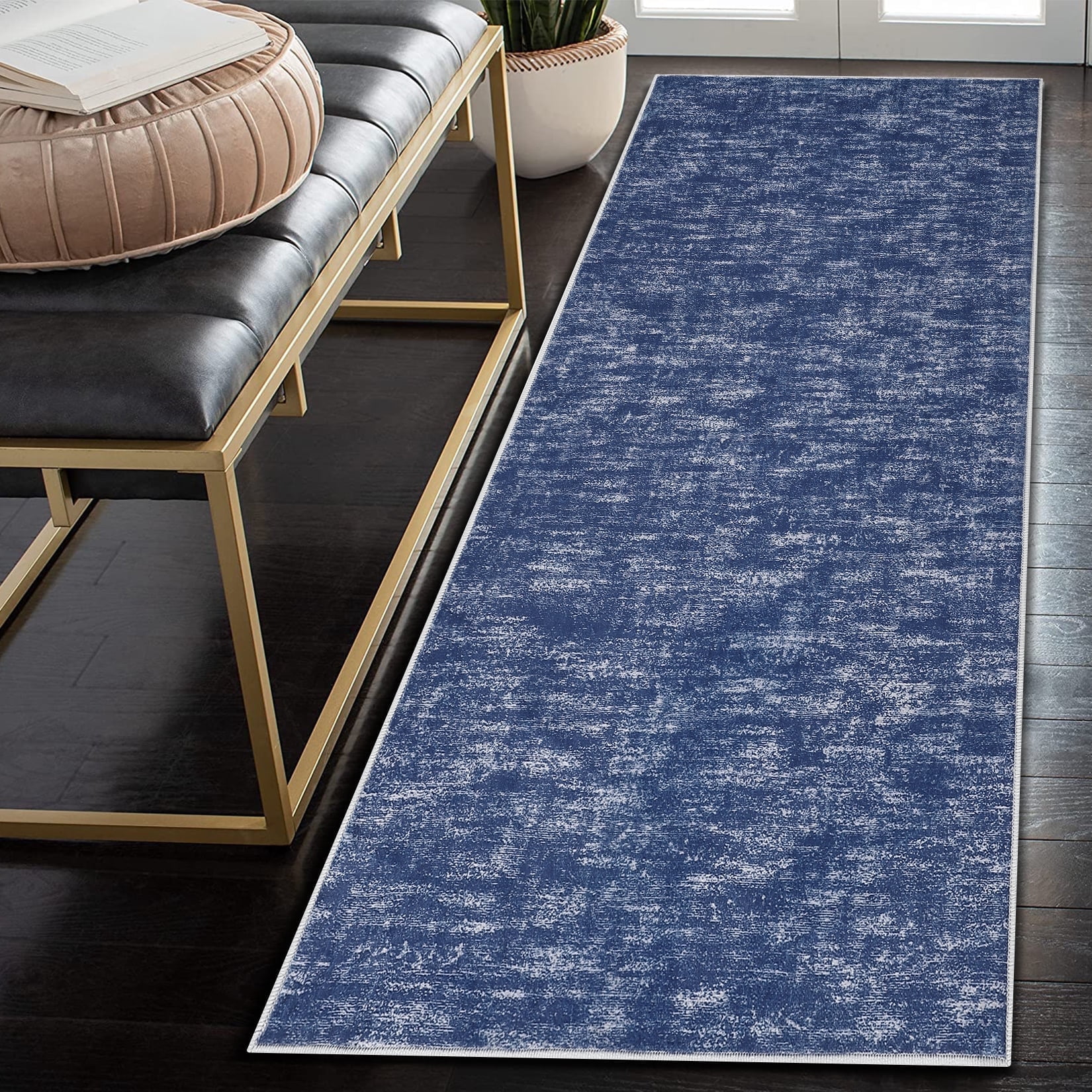YUSAZENS 2 x 8 Modern Solid Area Rug Machine Washable, Non-Slip Low-Pile Door Mat for Entryway, Laundry, Soft Floor Mat for Home, Office, Living Room Blue