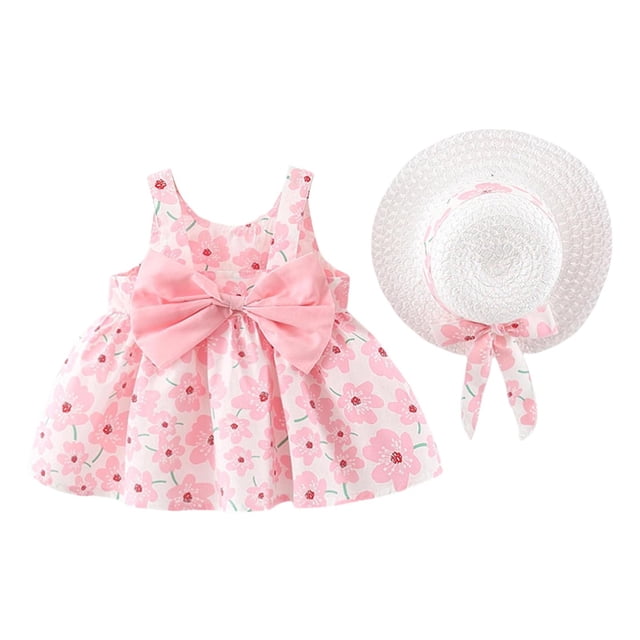 Robes pour Bébé Sans Manches, Robes Tutu, Robe d'Été pour Fille avec Chapeaux, 2 Pcs, Robe de Plage pour Tout-Petit 12-110
