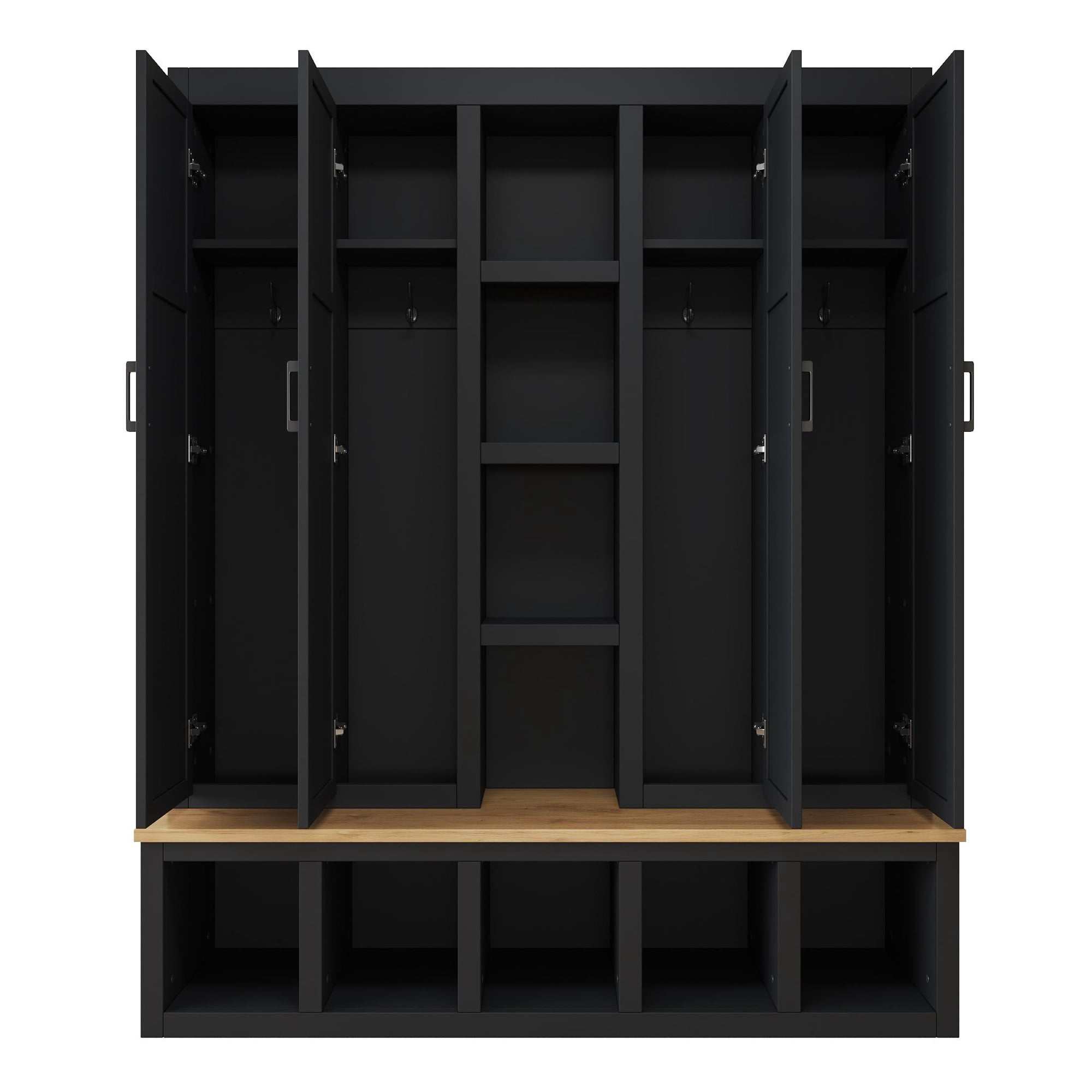 Noble House 62.9" Farmhouse Hall Tree with 6 Hooks,Wood Grain Bench & Shoe Cabinet for Entryway Living Room,Black