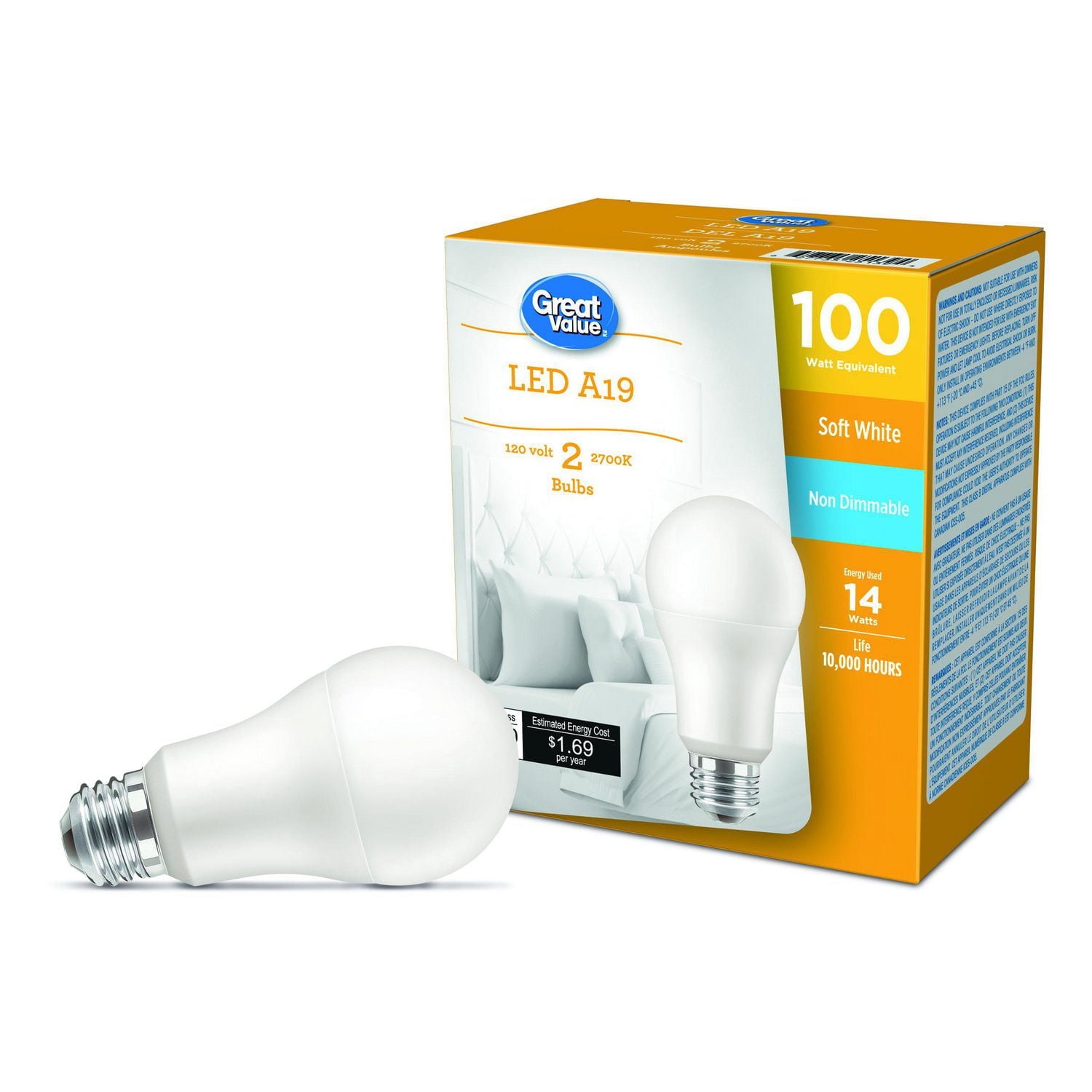 Great Value 100W A19 Soft White LED Light Bulbs - 2 Pack