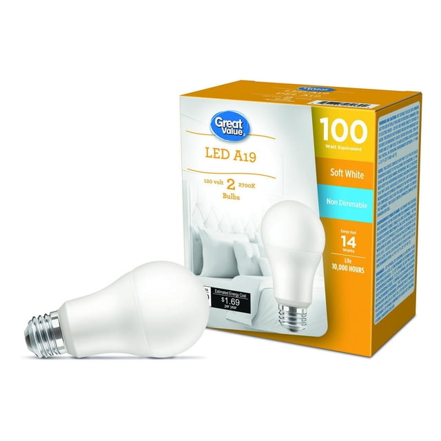 Great Value 100W A19 Soft White LED Light Bulbs - 2 Pack showing two white A19 LED bulbs with medium E26 bases, one lying down and one standing, next to an orange and white box indicating 100 watt equivalent, 14 watts energy use, soft white 2700 kelvin color temperature, non-dimmable, and 10,000 hour lifespan, ideal for standard household lamps and fixtures.