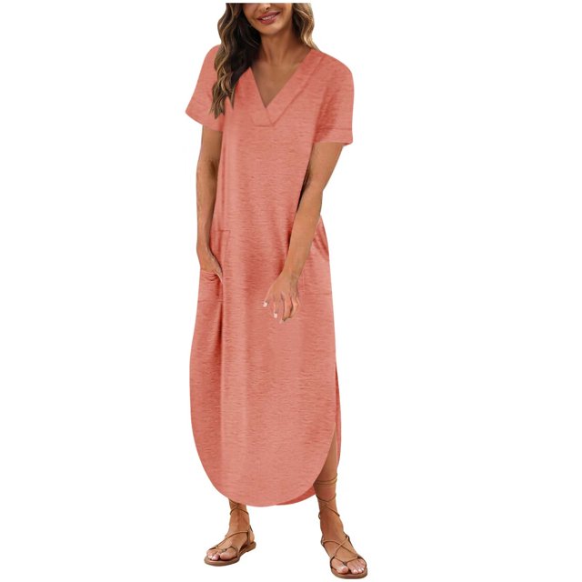 Mefallenssiah Robe d'Été Confortable et Aguichant pour Femmes, Mode, Couleur Unie, Poches, Sans Manches, Col en V