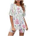 thumbnail image 2 of Ensembles d'Entraînement pour Femmes 2 Pcs Mode pour Femmes Blouse à Col Rond Hauts à Manches Courtes Shorts Ensembles de Tenue Décontractée Ensembles de Détente d'Été pour Femmes en Liquidation, 2 of 5