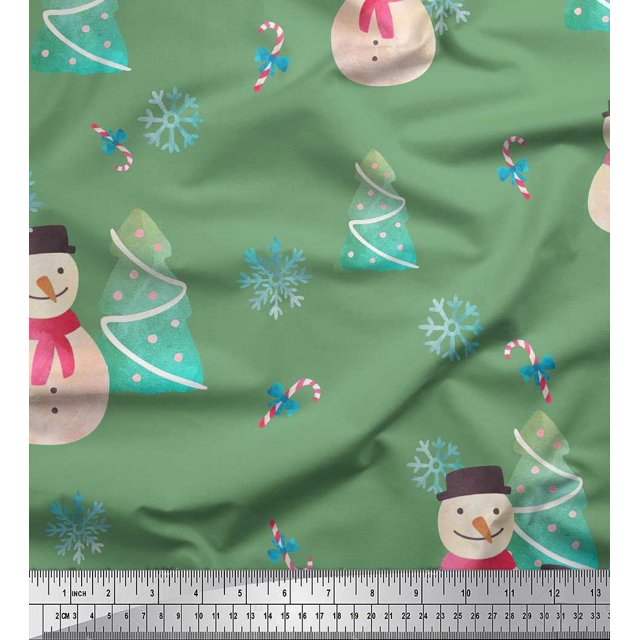 Soimoi Green Velvet Fabric Snowman & Tree Christmas Printed Fabric 1 Yard 58 Inch Wide