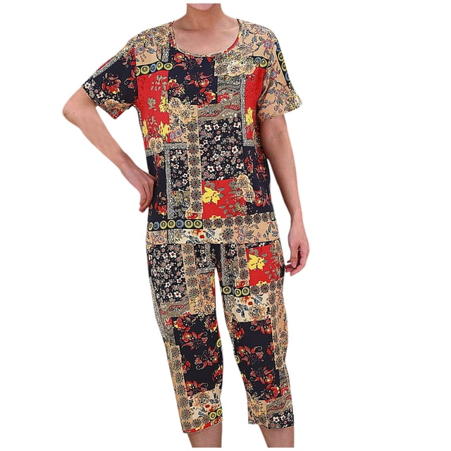 Pisexur Ensembles de Pyjama pour Femmes 2 Pcs Boho à Imprimé Floral Chemises de Nuit en Coton pour Femmes Décontractées Col Rond T-Shirts à Manches Courtes Hauts et Pantalons de Détente Longueur Genou Pyjamas Grande Taille pour Femmes Ensemble TG-4TG