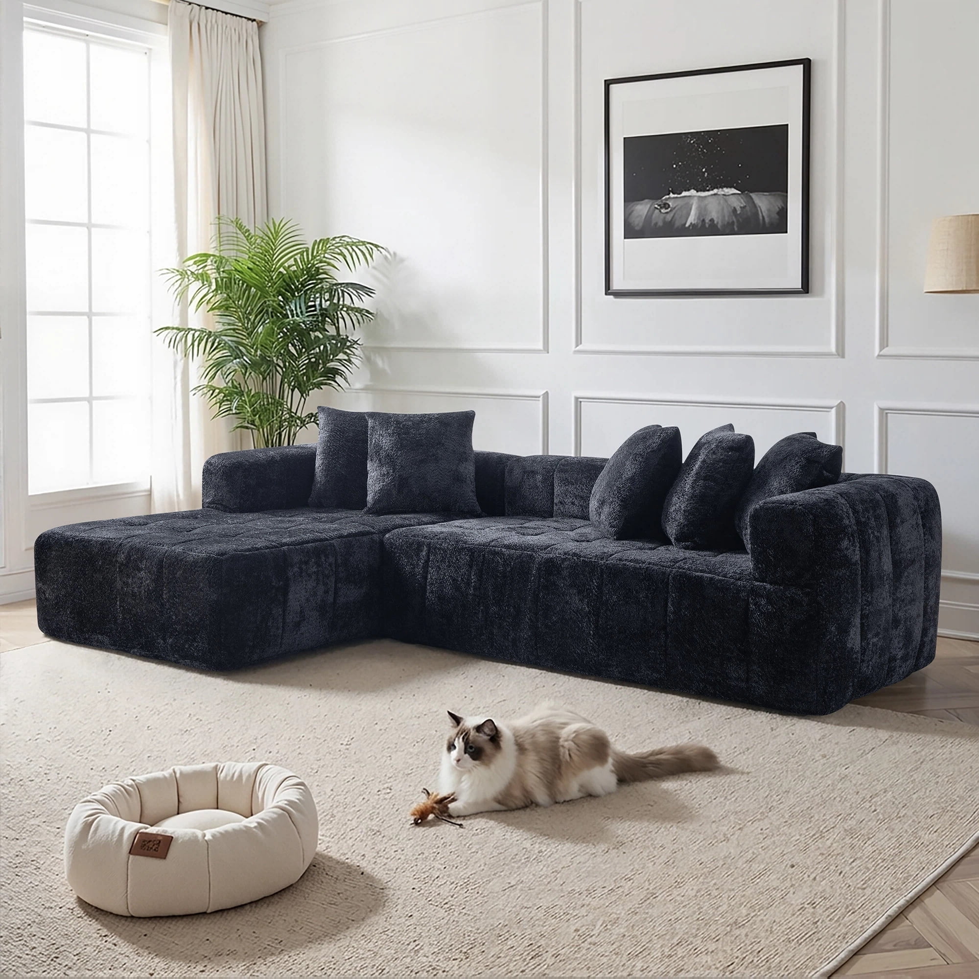 Noble House 107.9" Cloud Modular Sectional Sofa,L-Shape Chaise with Deep Seat for Living Room Bedroom,Black