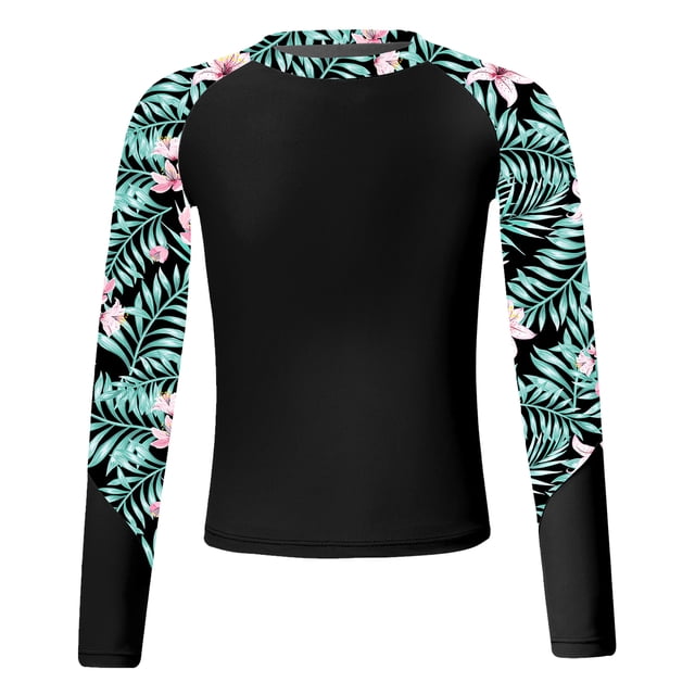 YiZYiF Kids Girls Sun Protection Tropical Long Sleeve Rash Guard Tops UPF 50+ Swim Shirt Bathing Suits Black 10