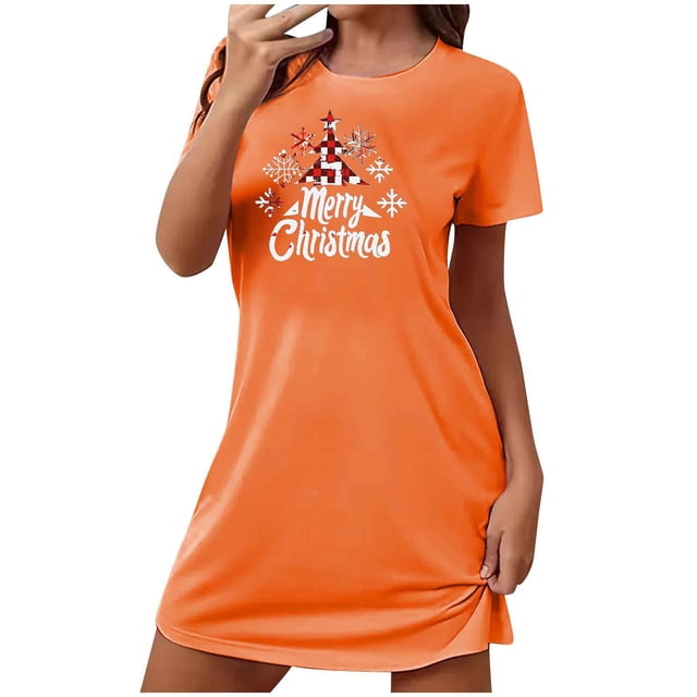 Sakmal Robe de Nuit Orange Moomoo pour Femmes, Confortable, Grande Taille, Ultra Douce, Robe de Pyjama de Noël, Imprimé Joyeux Noël, Col Rond, Manches Courtes, Courtes Robes de Nuit, P-2TG