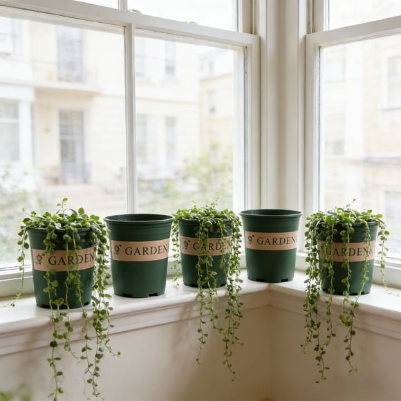 Todaioua 5 Pack Plastic Plant Pots with Drainage Holes, 14cm Green Nursery Pots for Indoor Outdoor Gardening, Flower Pots for Herbs Succulents Seedlings, Reusable Gardening Container Set
