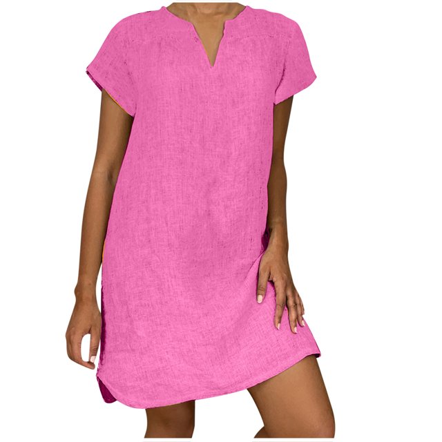 EQWLJWE Robes pour Femmes 2023 Mode Femmes Ample Col en V Été Uni Manches Courtes Coton Robe Ligne A Robes pour Femmes Grande Taille