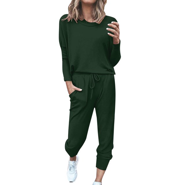 GZWYHT Sets for Women Long Sleeve Sets for Women Women Solid Color Long Sleeve Loose Long Pants 2 Set Lounge Sets for Women Track Suits for Women Set Green L