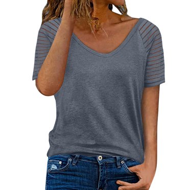LUOGENLI T-shirts pour Femme pour Femmes Mode pour Femmes Col en V Couleur Unie Manches Courtes Décontracté Ample T-Shirt pour Femme T-shirts Vintage pour Femmes T-Shirt Graphique Saint-Valentin Gris m