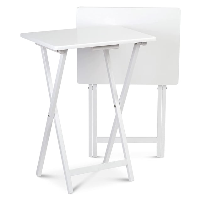 PJ Wood Solid Wood Folding TV Tray and Snack Tables, White, 2 Piece Set. This set includes two collapsible tables with a flat, rectangular tabletop and sturdy rubberwood construction. Each table measures 19.09 x 14.57 x 25.98 inches and folds to a compact 3-inch thickness for easy storage. Ideal for eating, working, or gaming in small spaces.