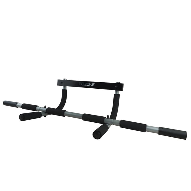 GoZone Door Gym – Black/Silver pull-up bar with durable silver steel frame and black foam grips, designed for no-drill installation on standard doorframes, featuring padded supports to protect doors and multiple grip positions for strength and core exercises.