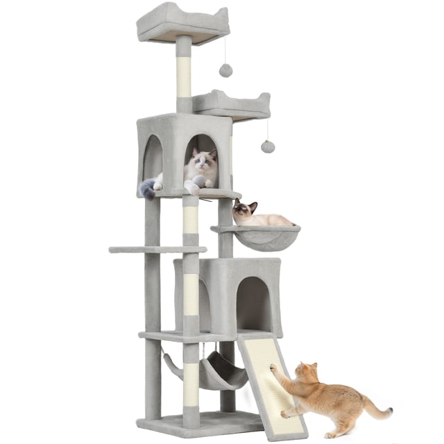 PawHut 70" Cat Tree, Multi-Level Cat Tower with 2 Condos, Light Grey