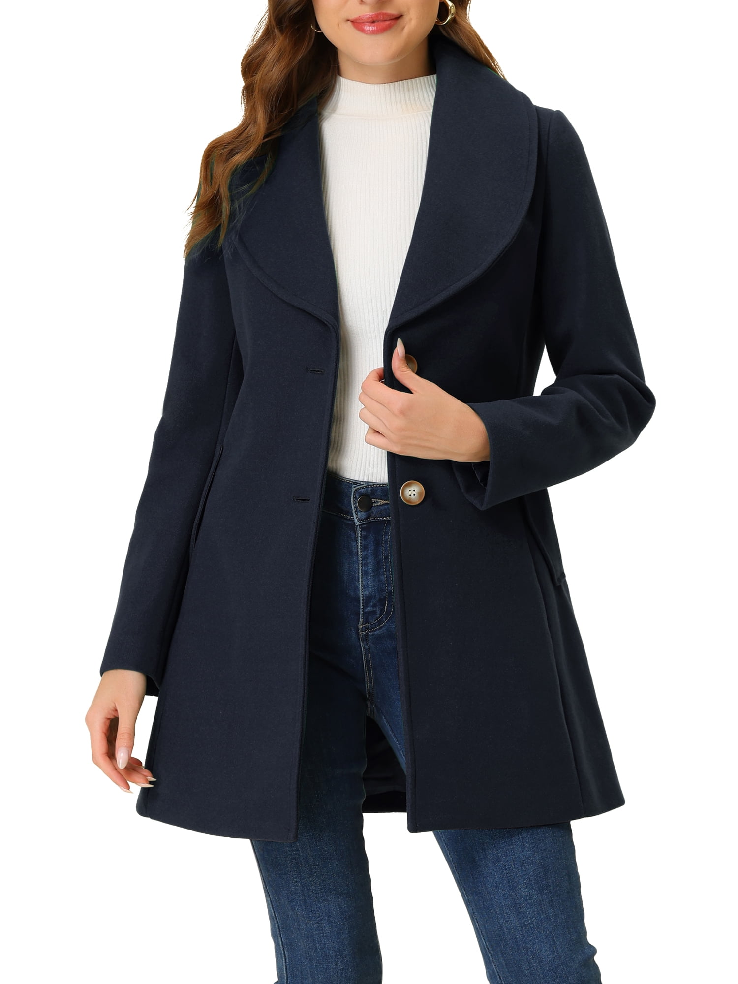 INSPIRE CHIC Manteau Trench Long pour Femme, Mignon, Col Rabattu, Simple Boutonnage, Ceinturé, TG Bleu Foncé