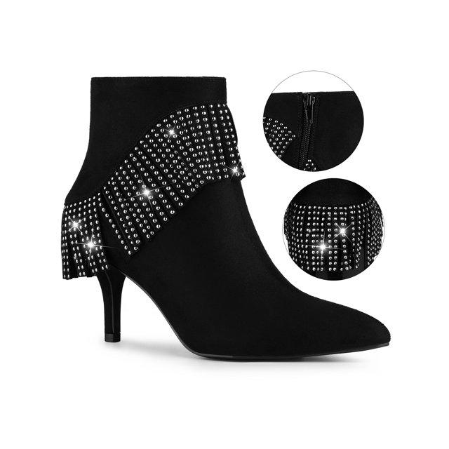 BLISSFUL STEP Women's Fringe Pointed Toe Stiletto Heel Ankle Boot Black 7