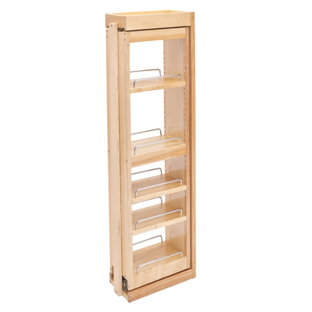 Rev-A-Shelf Pullout Wall Filler with Soft-Close, 39-inch height, model 432-WFBBSC39-6C. This natural maple wood organizer features a fully assembled construction with a clear coat finish for durability. It includes three adjustable shelves with chrome rails, a fixed middle shelf, and a 3-piece zinc-plated full-extension ball-bearing slide system for smooth operation. Designed for a 6-inch wide by 39-inch high opening, this pullout filler is ideal for maximizing storage in new kitchen construction or remodels. The absence of scribe rails allows for a customized cabinet offset, and it comes with mounting hardware for easy installation.