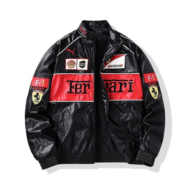 2025 F1 Racing Suit Embroidery Thickened PU Leather Motorcycle Suit Cotton Jacket. A front-facing view of a black and red PU leather fashion jacket featuring embroidered F1 racing logos, Ferrari branding, and sponsor patches. The jacket has a zippered front, ribbed cuffs, and a high collar, suitable for motorcycle enthusiasts or casual wear.