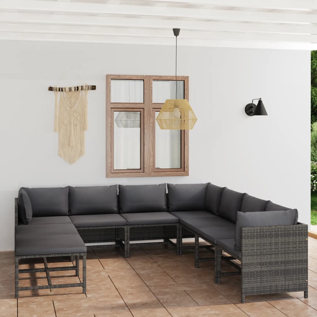 vidaXL 9 Piece Garden Lounge Set with Cushions Poly Rattan Grey