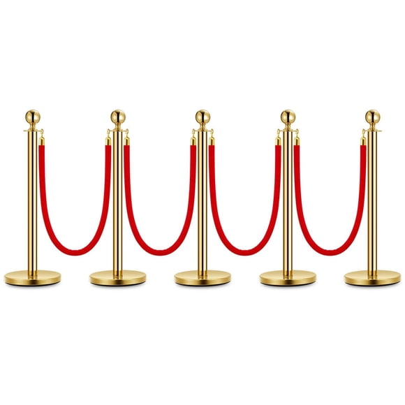 Gold Stanchion Posts with 5 FT Red Velvet Ropes – Elegant Crowd Control Barriers for VIP Events, Red Carpets, Weddings & More