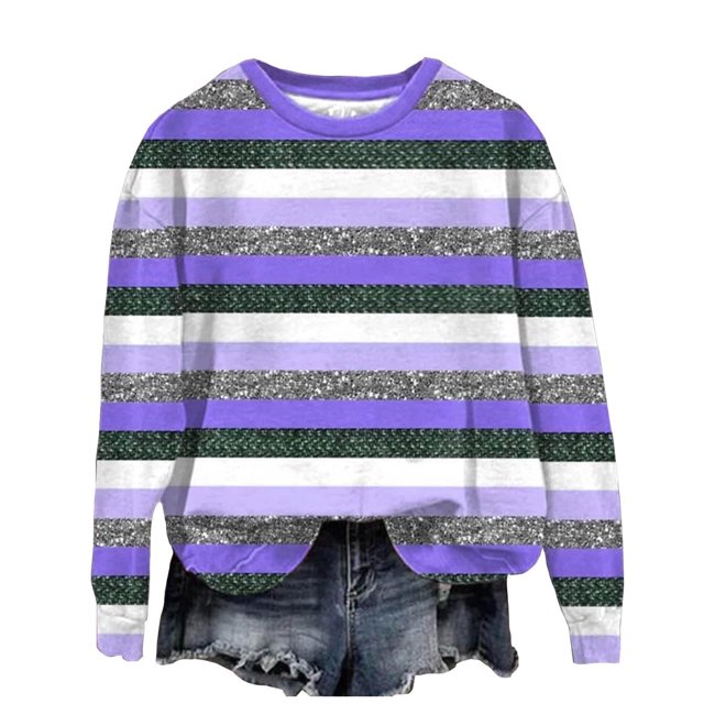 Pisexur Chandails en Molleton pour Femmes Col Rond Rayé Automne Chandails en Molleton Mode Décontracté Ample Pull Chandail en Molleton Manches Longues Chemises pour Femmes Blouses Surdimensionnées Hauts Sans Capuche