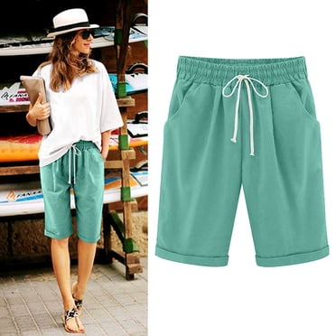 Aboser Shorts for Women Women's Casual Bermuda Shorts Elastic Waist Cotton Linen Shorts with Pockets Knee Length Bermuda Shorts Plus Size Lounge Pants