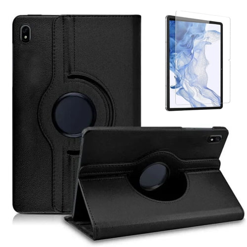 SuperShield Rotating Case for Samsung Galaxy Tab S10 Ultra, Tab S9 Ultra, and Tab S8 Ultra 14.6-inch tablets in black. Features a durable synthetic leather exterior with a soft microfiber lining for full corner protection. Includes a built-in rotating stand for versatile viewing angles and a screen protector for added device safety. The slim and lightweight design incorporates air cushion shockproof technology and a magnetic strip for auto wake/sleep functionality.