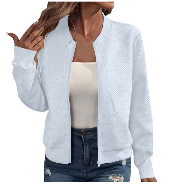 WRKEKC Women's Arrival Zip Front Jacket Solid Color Long Sleeve Modern Minimalist Style Everyday Essential No Hood Plus Sizes Blue L