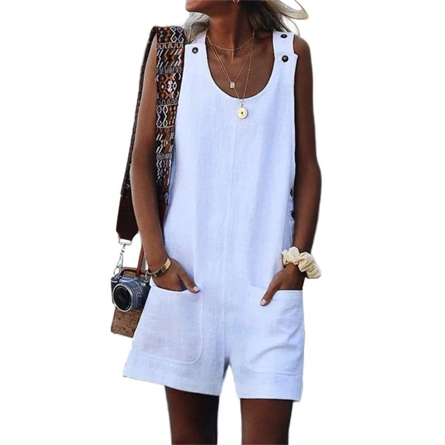 serony Combinaison d'Été Sans Manches à Col Rond pour Femme, Décontractée, Couleur Unie, Poches avant, Jaune S Blanc m 1Set