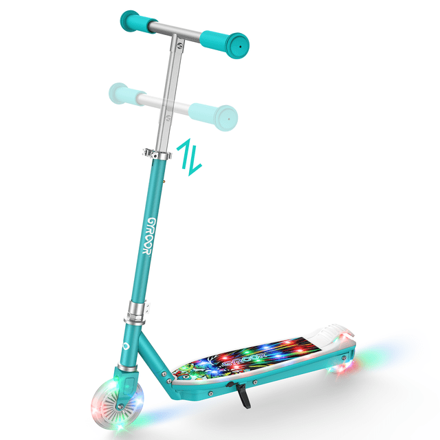 MIHOVER Trottinette Électrique pour Enfants avec Guidon Ajustable et Lumières DEL Vert. Cette Trottinette Électrique pour Enfants Présente des Lumières DEL Vibrantes sur les Roues et le Plateau, Hauteur de Guidon Ajustable de 29,5 à 33,5 Pouces, et un Frein d'Aile Arrière pour la Sécurité. Conçue pour les Enfants de 4 à 8 Ans, Supporte jusqu'à 110 Lb, et Offre une Vitesse Maximale de 5 Mi/h. Comprend un Plateau Grand et des Poignées en Caoutchouc pour une Conduite Confortable, la Rendant Idéale pour les Voyages Quotidiens et les Activités de Plein Air