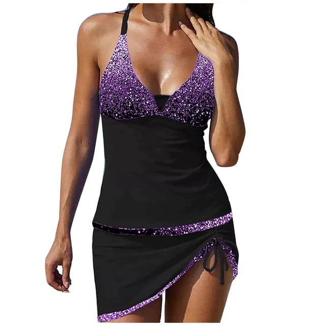 Ketyyh-chn99 Womens Swimsuits Tankini Swim Top High Waisted 2 Piece Tankini Set for Women Tummy Control Color Block Striped Swimsuit Knit Ribbed Bathing Suit Purple,L