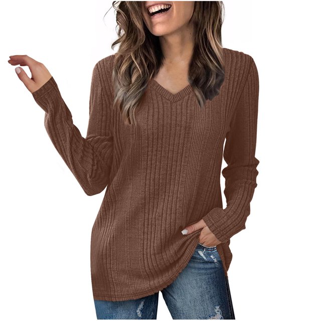 yoeyez Tunique en Tricot pour Femmes, Chandails à Manches Torsadées Patchwork, Col Ras du Cou Raglan, Chemises à Manches Longues, Hauts Mode Automne 2024, Café, TG