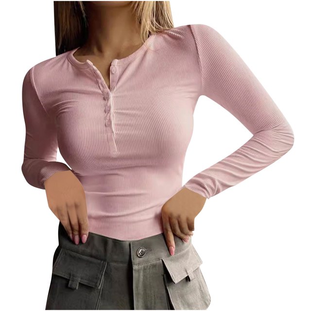 Yuyuzo Chemises à Manches Longues pour Femmes Col Rond Boutons Couleur Unie Ajustée Basique pour Sortir