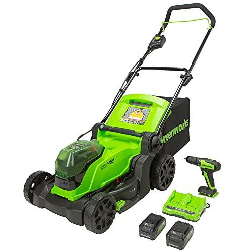 Greenworks 2 x 24V (48V) 17" Brushless Lawn Mower with 2 x 24V 4Ah USB Batteries Dual Port Charger + 24V Brushless Drill / Driver, MO48L2211