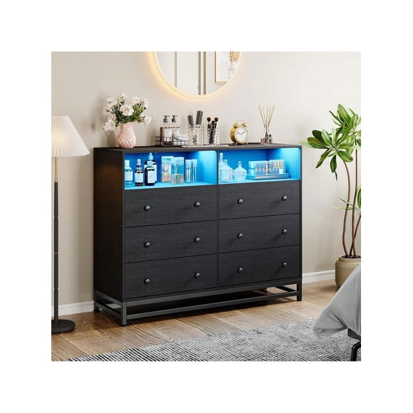 Bingirl Modern 6-Drawer Double Dresser TV Stand Featuring Power Outlet and LED Light