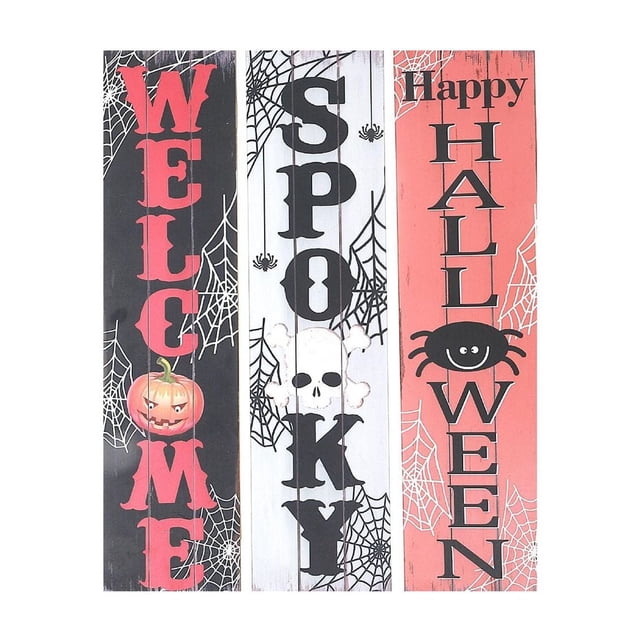 Wooden Halloween Wall Sign - Set of 3 with vertical wooden panels featuring Halloween-themed text and graphics: a black panel with red 'WELCOME' and a pumpkin, a white panel with black 'SPOOKY' and a skull with crossbones, and an orange panel with black 'Happy HALLOWEEN' and a smiling spider, all decorated with white spider webs, suitable for indoor wall décor.