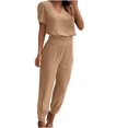 thumbnail image 1 of Mikilon Ensemble Stylé pour Femmes 2 Pcs Mode Col Rond Couleur Unie T-Shirt à Manches Courtes + Pantalon Ample à Poches Ensemble Kaki TP, 1 of 6