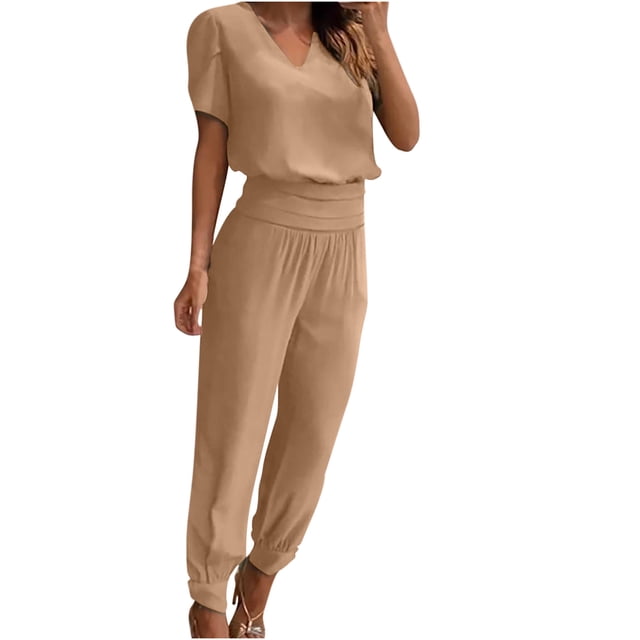 Mikilon Ensemble Stylé pour Femmes 2 Pcs Mode Col Rond Couleur Unie T-Shirt à Manches Courtes + Pantalon Ample à Poches Ensemble Kaki TP