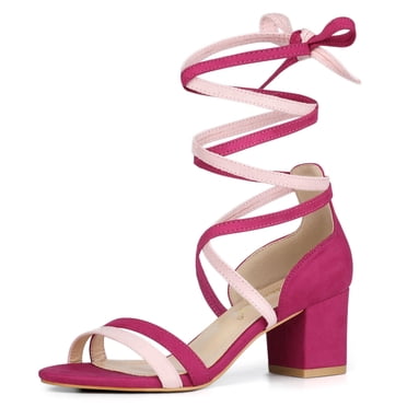 BLISSFUL STEP Women's Open Toe Color Block Lace Up Heel Sandals Hot Pink 10