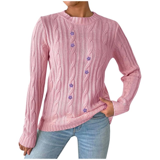 Rbaofujie Chandail pour Femmes Chandail d'Hiver Ample Uni pour Femmes Chandail à Manches Longues à Col Rond Haut Rose Chandails d'Automne pour Femmes