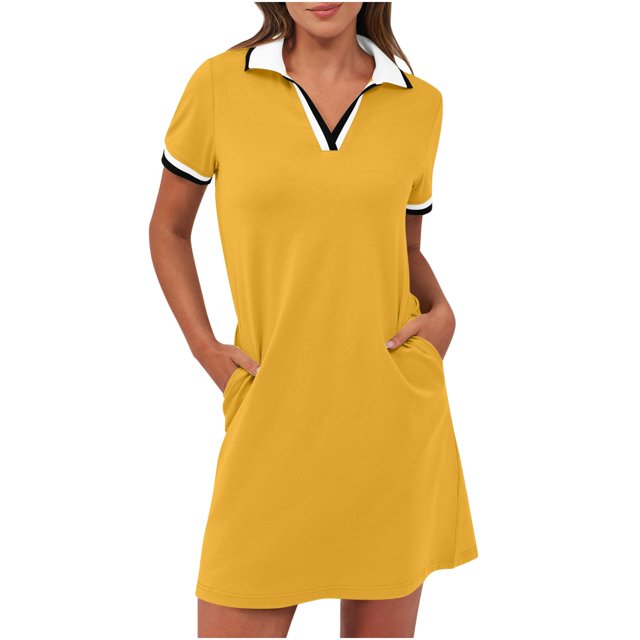 Dvprdro Robe d'Été pour Femme Mode Classique Unie à Manches Courtes Robe Mini Décontractée Ample avec Poches Robe Chemise de Tennis Golf