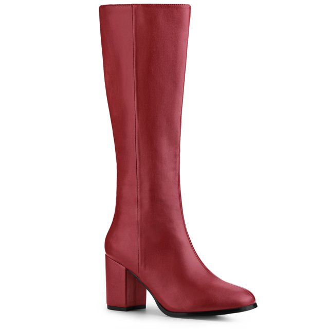 Unique Bargains Women's Round Toe Zip Knee High Block Heels Boots Red 5.5 M US