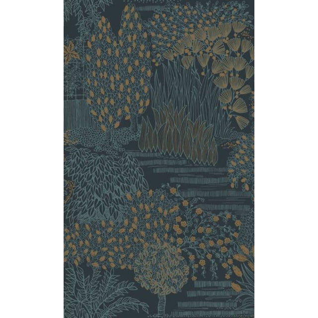 Blue Japanese Gardens Inspired Tropical Wallpaper R8426 with intricate foliage and floral patterns in bold blue and gold tones. This wallpaper evokes the peace of Japanese gardens, perfect for Asian-inspired home décor. Designed for wood, brick, concrete, and drywall, it features a 53cm/26.5cm offset match repeat pattern. Durable, washable, and easy to apply and remove, ideal for enhancing wall décor.