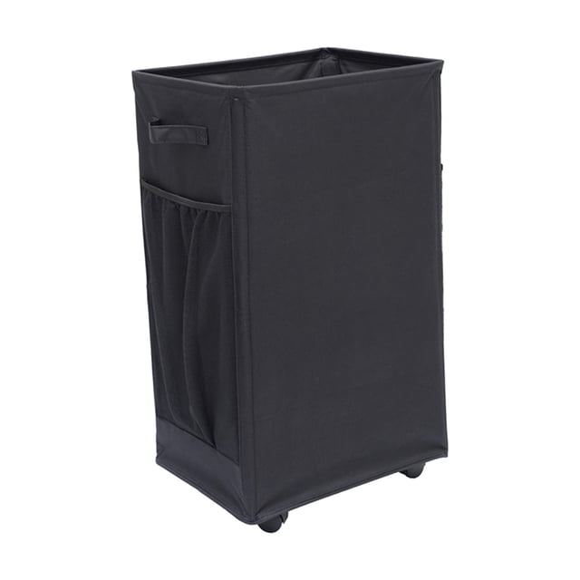 Rongfmy Foldable Laundry Hamper Laundry Basket with Wheels Storage Container for Laundry in black. This 84L capacity hamper is made of durable Oxford cloth and features a collapsible design for easy storage. It includes double handles, wheels for mobility, and a side mesh pocket for additional storage. The unfolded size is 70cmx40cmx30cm (27.56in x 15.75in x 11.81in), and the folded size is 40cmx30cmx6cm (15.75in x 11.81in x 2.36in). Suitable for organizing clothes, toys, and bathroom essentials in various spaces like bedrooms, bathrooms, and laundry rooms.
