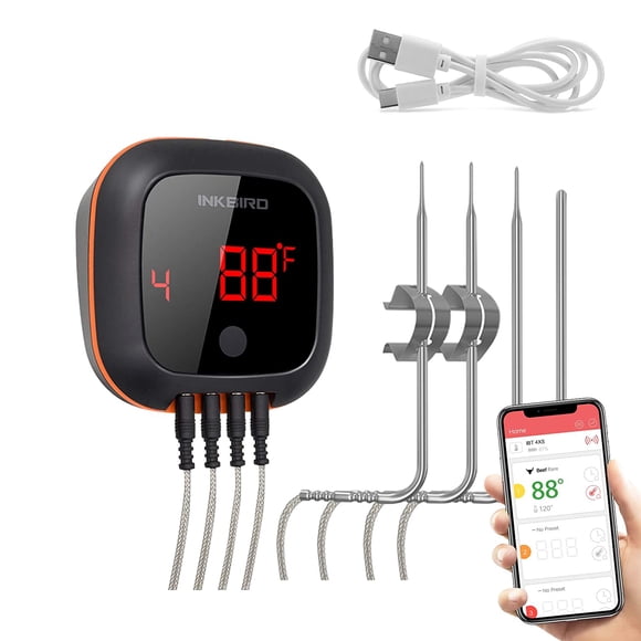 Inkbird Thermomètre BBQ Bluetooth Thermomètres à Viande IBT-4XS, Thermomètre BBQ Bluetooth Sans Fil 150 Pieds, Thermomètre à Viande Sans Fil avec 4 Sondes Thermomètre, pour Fumeur Gril Cuisine Cuisson